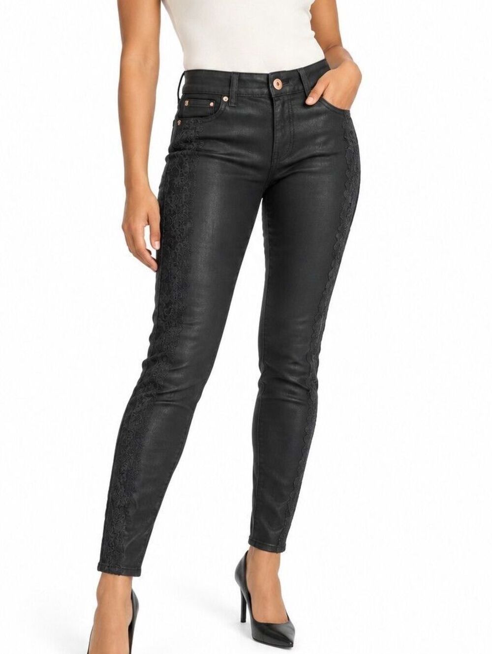 Ted Baker Renna Women’s Black Coated Skinny Jeans Lace Sides Size 28 EUC